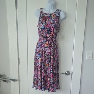 Anne Klein Pink and Blue Pleated Tie Front Midi Sundress